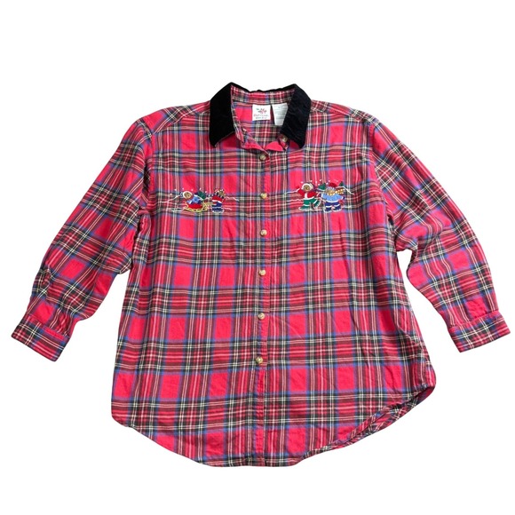 Nutcracker Tops - Nutcracker Flannel Shirt Womens 18W Red Plaid Embroidered Winter Bears Holiday